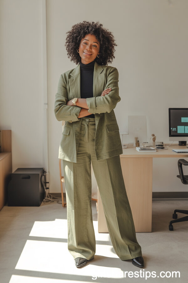 Olive Green Linen Suit with a Black Turtleneck