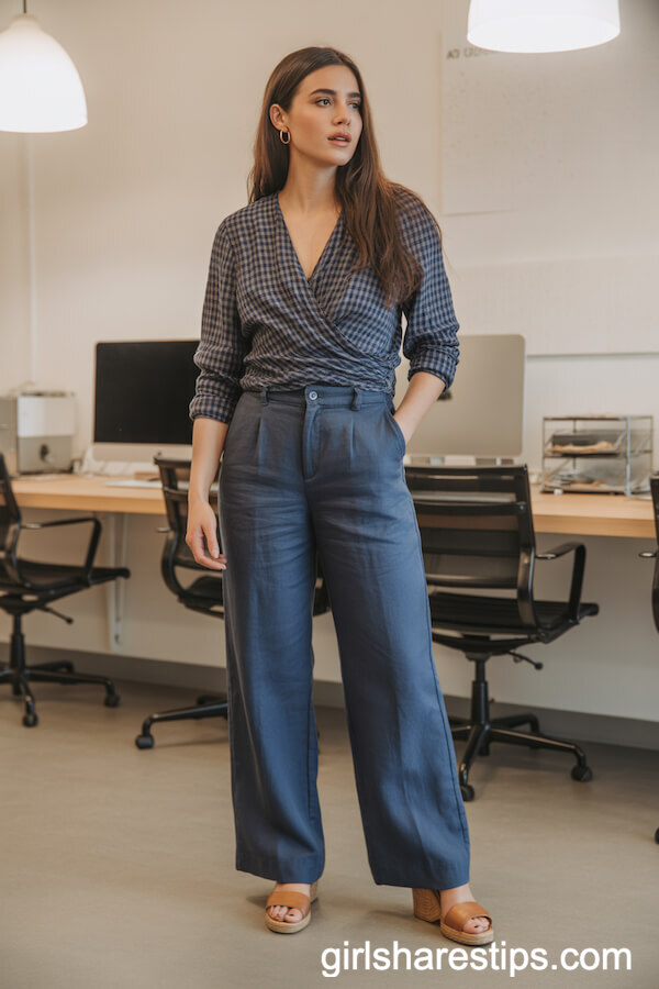 Slim Navy Linen Trousers and a Printed Wrap Blouse