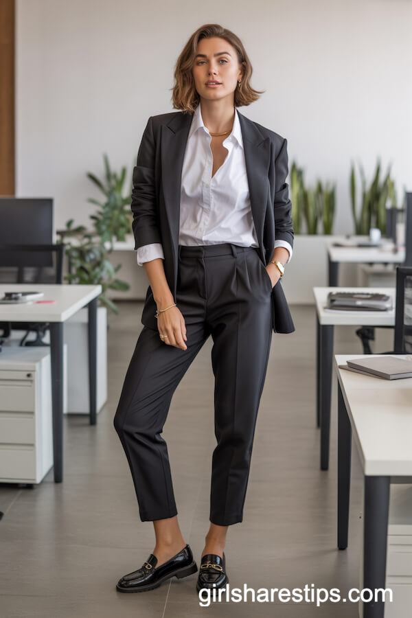 Black Pants & White Shirt with Loafers