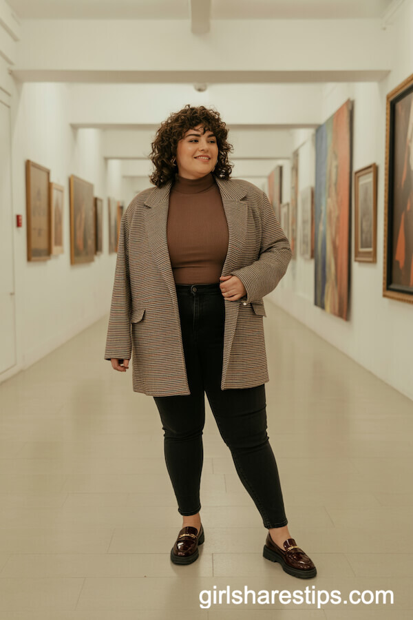 Turtleneck Checked Blazer with Loafers