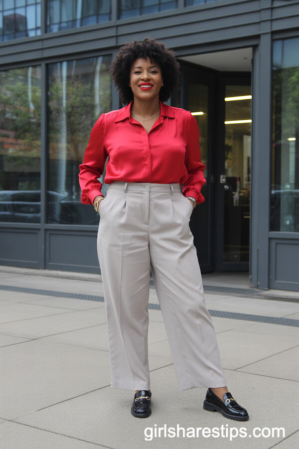 Red Blouse & Beige Trousers with Loafers