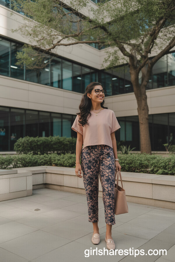 Pink Knit Top Floral Pants with Loafers