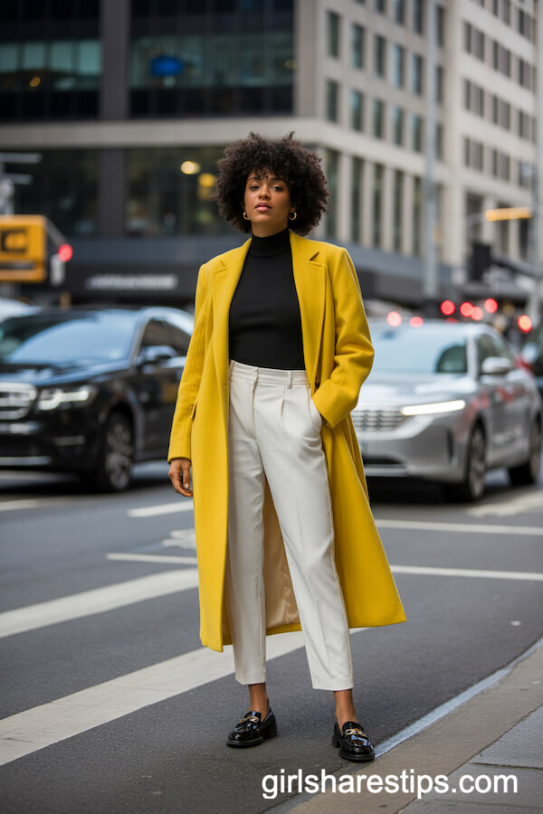 Yellow Coat & White Pants with Loafers