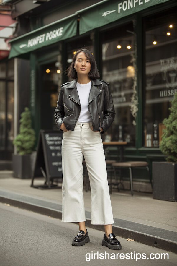 Leather Jacket & Wide-Leg Pants with Loafers