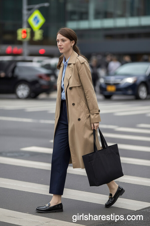 Trench Coat & Cropped Trousers with Loafers