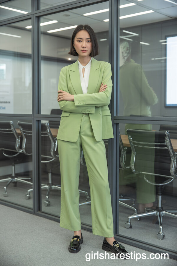 Green Pantsuit & White Blouse with Loafers