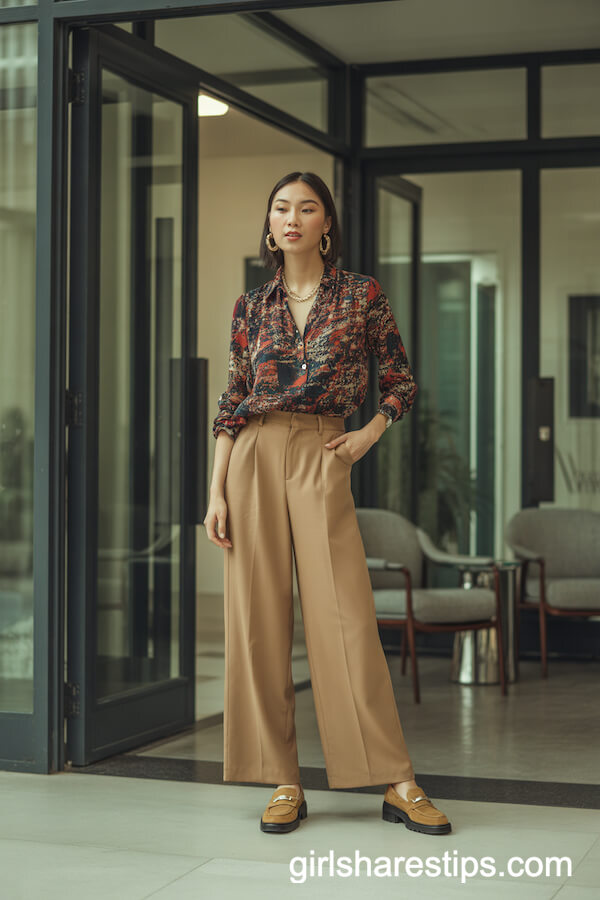 Camel Trousers & Printed Blouse with Loafers