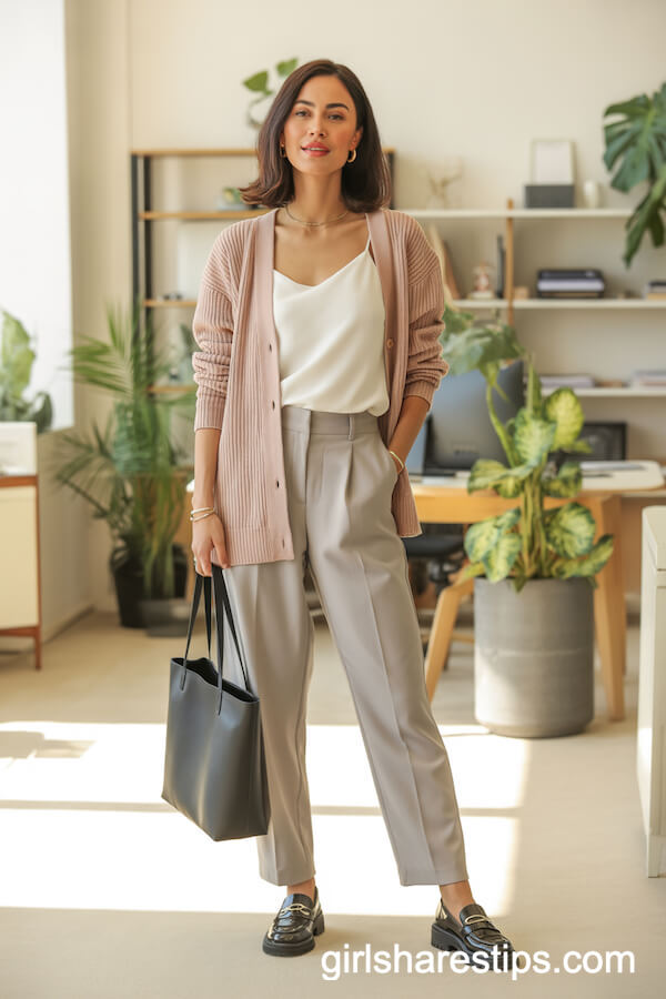 Cardigan & Grey Trousers with Loafers