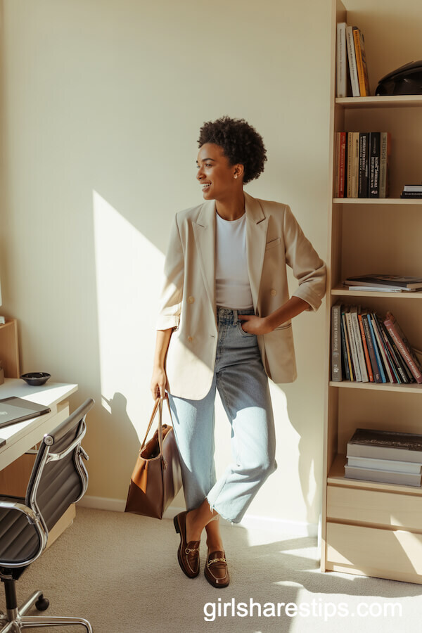 Beige Blazer & Jeans with Loafers