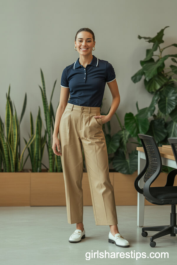 Polo Shirt & Khakis with White Loafers