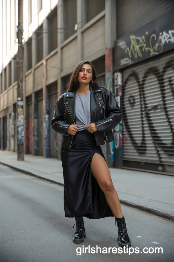 Edgy Biker Jacket and Satin Skirt Outfit