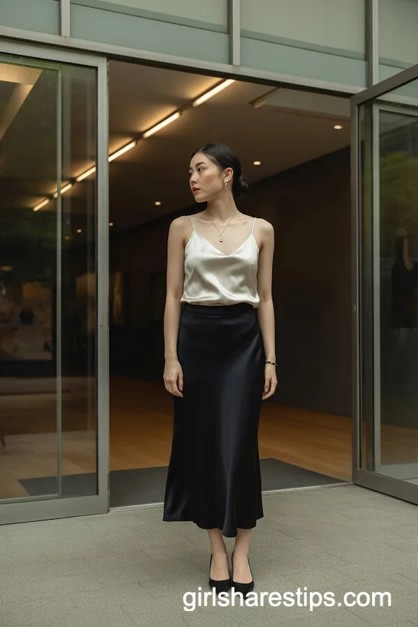 Elegant Camisole with High-Waisted Black Skirt