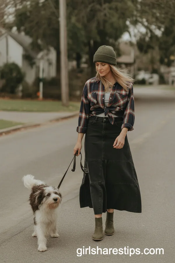 Laid-back Flannel and Cotton Maxi Skirt Dog-Walking Outfit