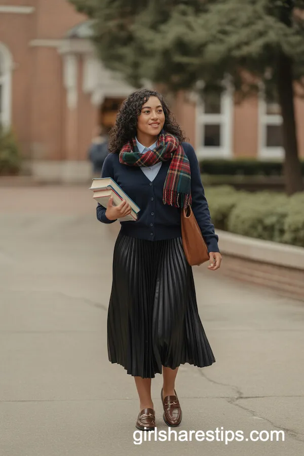 Preppy Cardigan and Pleated Skirt Campus Style