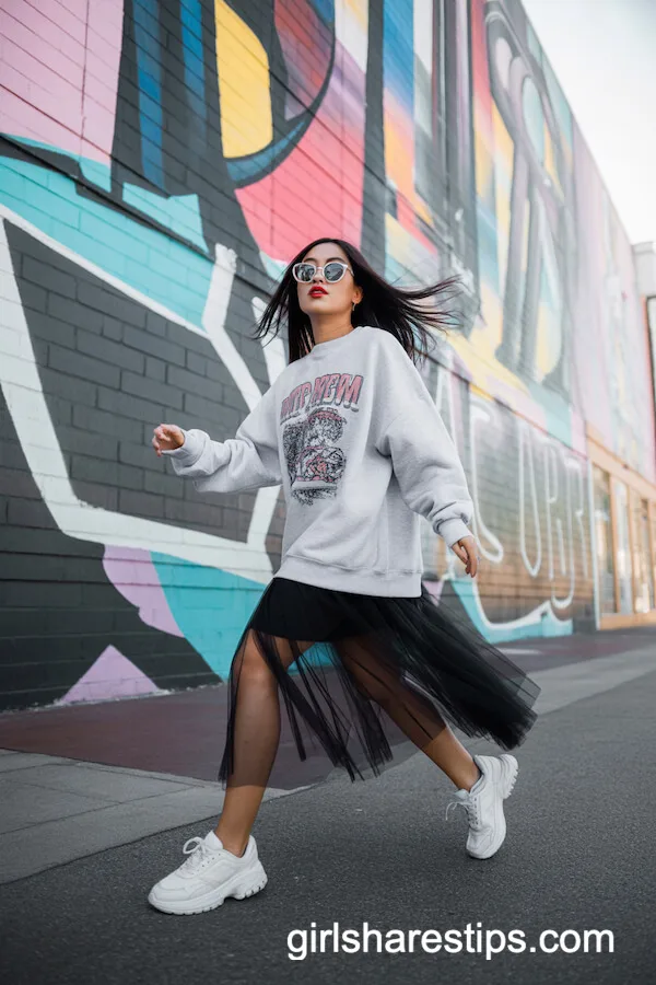Streetwear Graphic Sweatshirt and Tulle Skirt Outfit