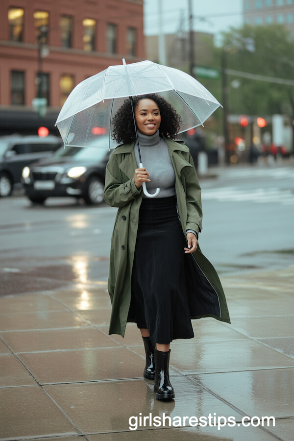 Rainy Day Trench Coat and Black Maxi Skirt Look