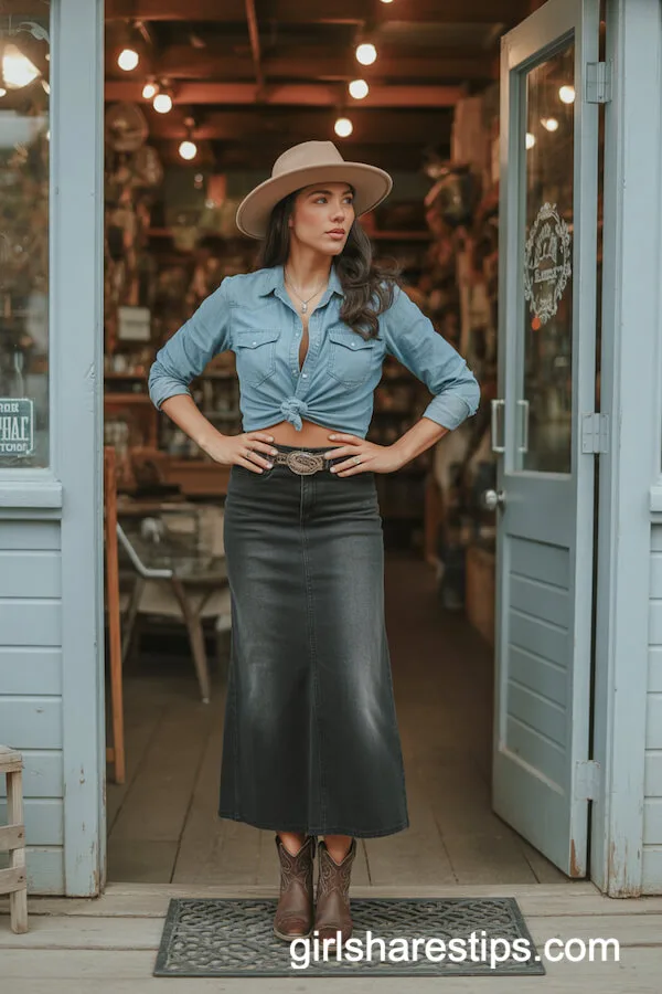 Western-Inspired Denim Maxi Skirt Country Look