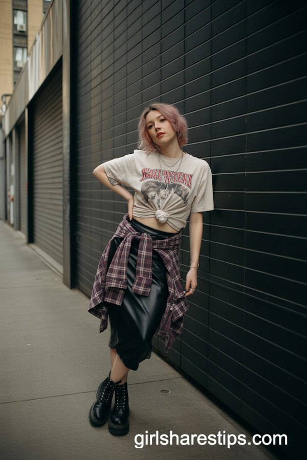Grunge Band Tee with Slip Skirt and Layered Plaid