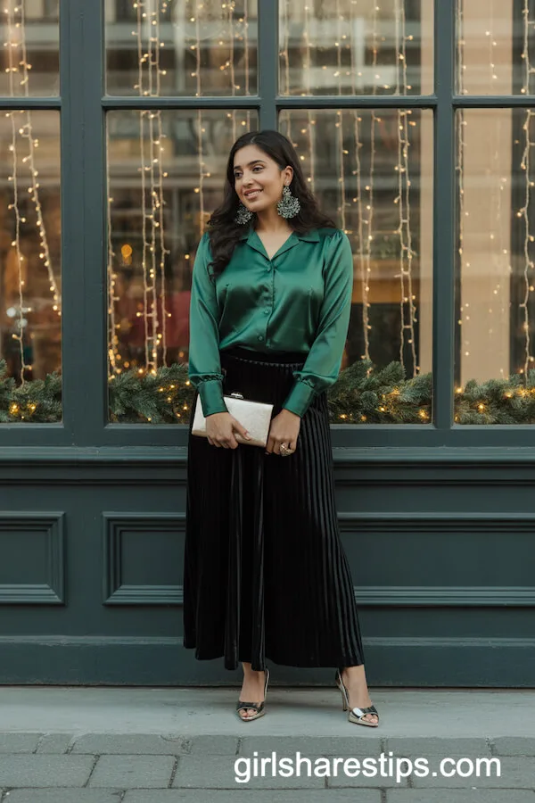Festive Velvet Skirt and Satin Blouse Evening Outfit