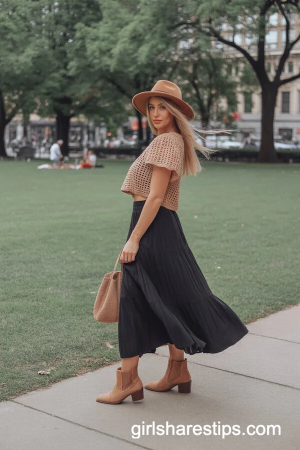 Boho Crochet Top with Flowy Black Skirt