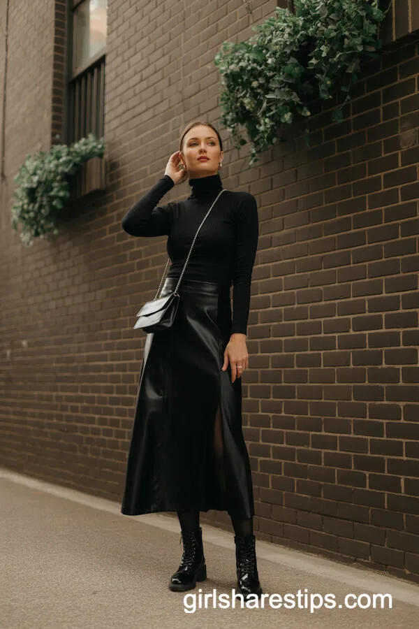 Minimalist Black Turtleneck and Long Skirt Ensemble