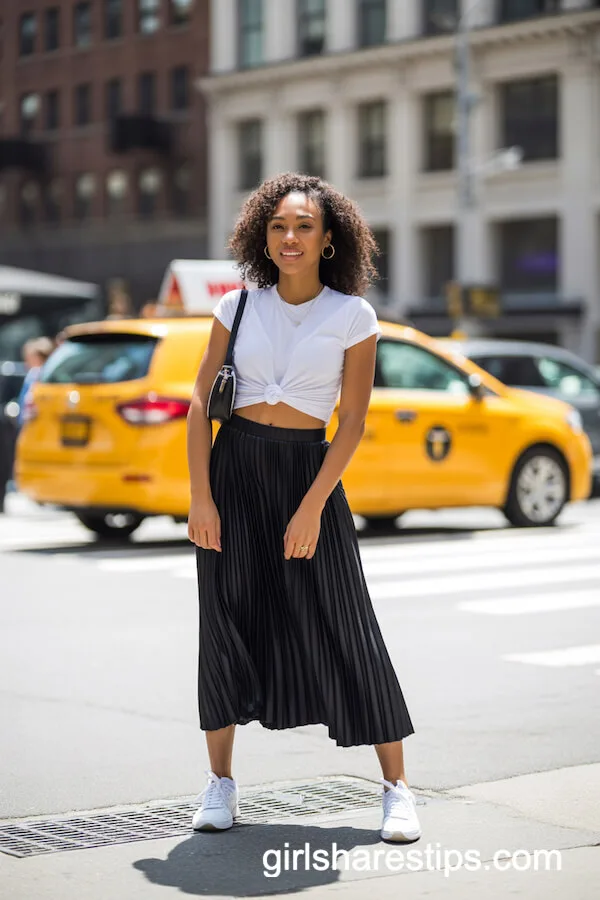 Casual Pleated Skirt and White Tee Street Style
