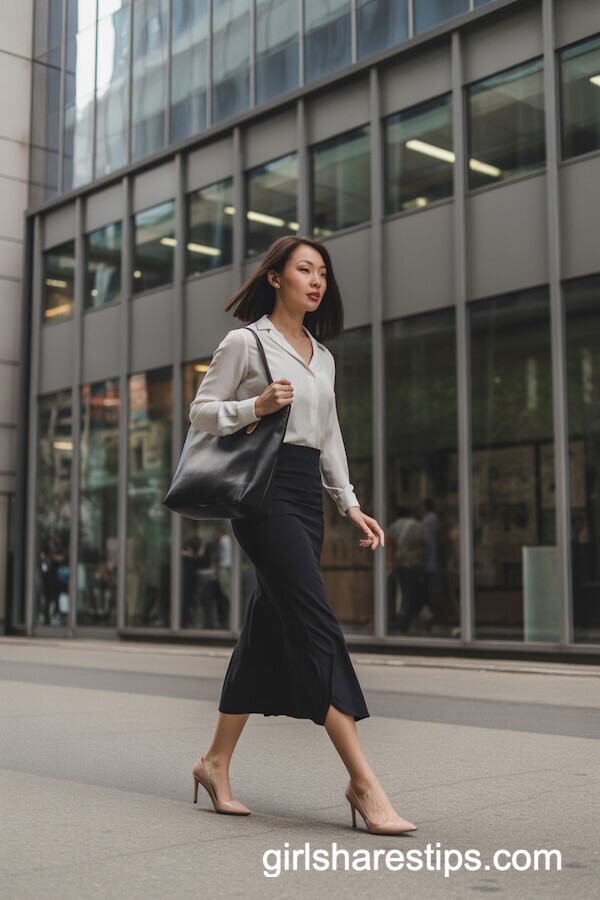 Chic Office Look with Pencil Skirt and White Blouse