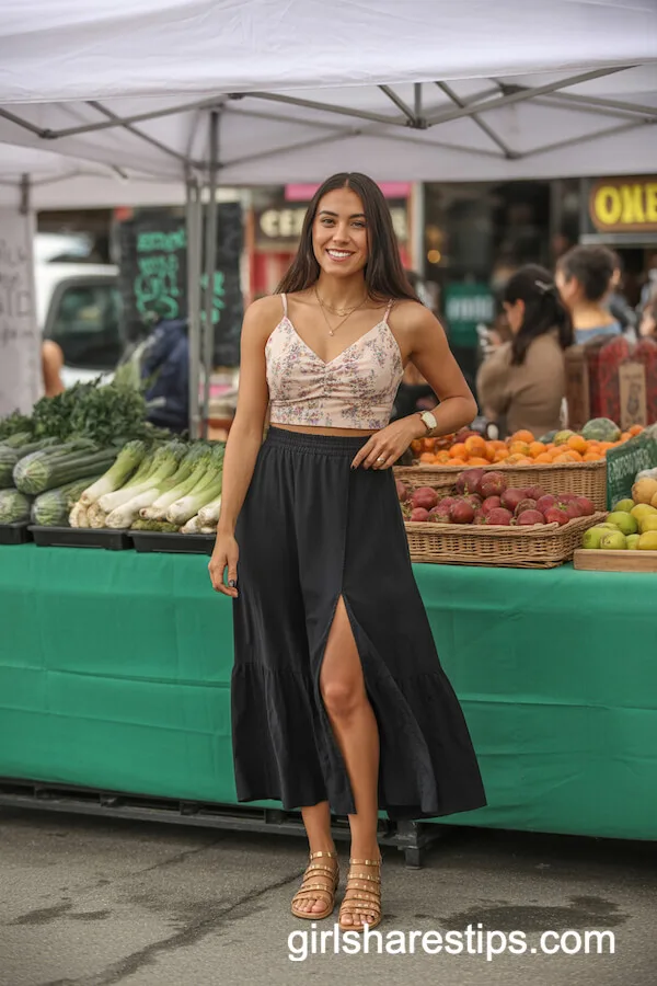 Floral Crop Top and Slit Black Skirt Summer Outfit