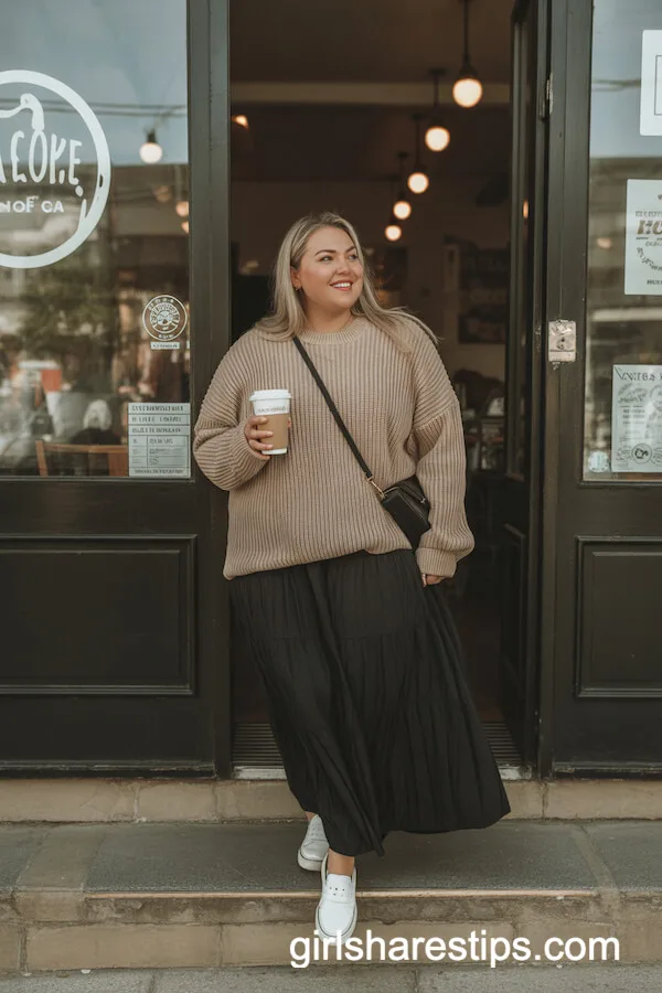 Cozy Knit Sweater with Black Maxi Skirt
