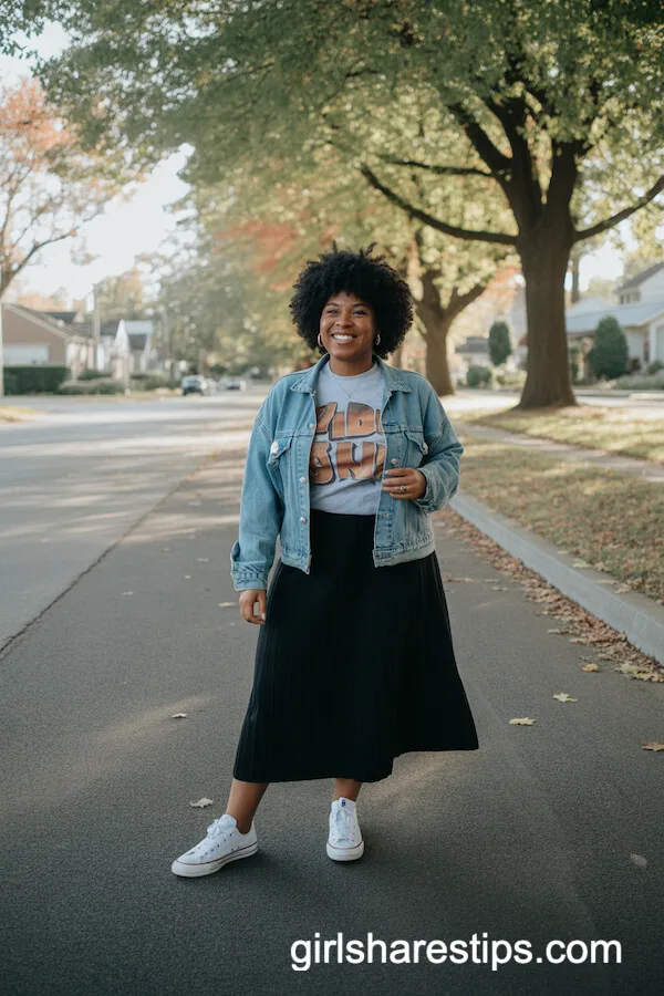 Casual Denim Jacket and A-Line Skirt Look