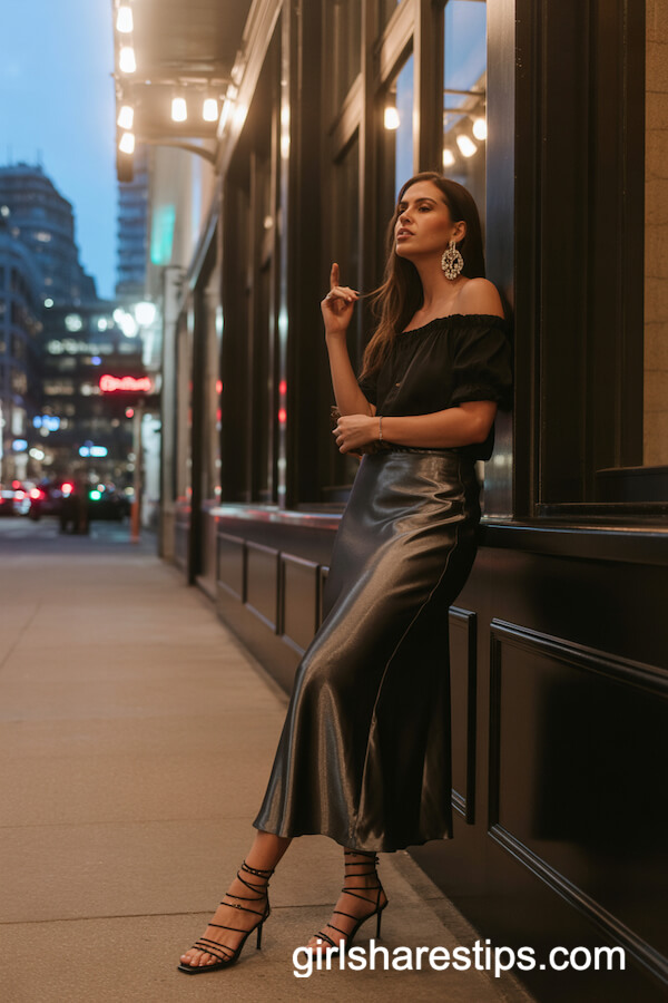 Night Out with Silk Skirt and Off-Shoulder Top