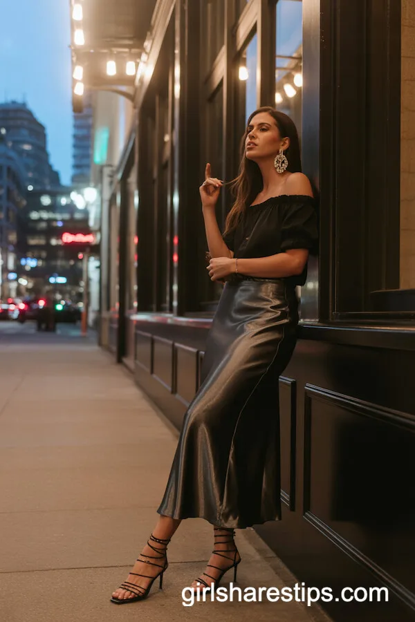 Night Out with Silk Skirt and Off-Shoulder Top