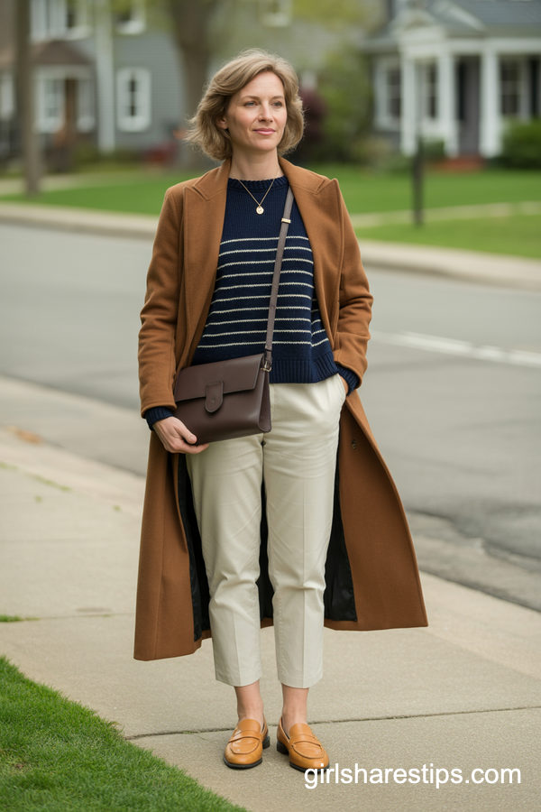 Cognac Coat With Striped Sweater and Cream Trousers