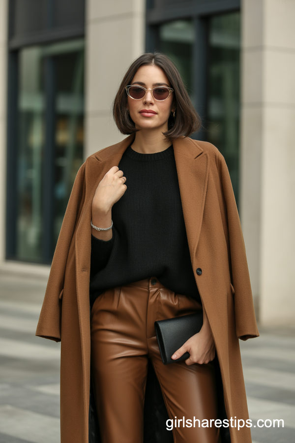 Oversized Wool Coat With Sleek Leather Pants
