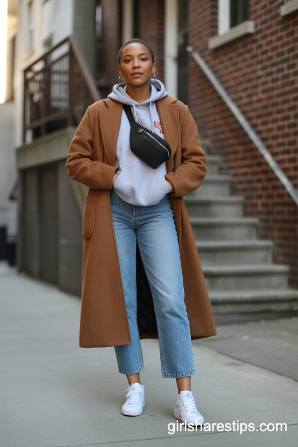 Warm Brown Coat With Hoodie and Cropped Jeans