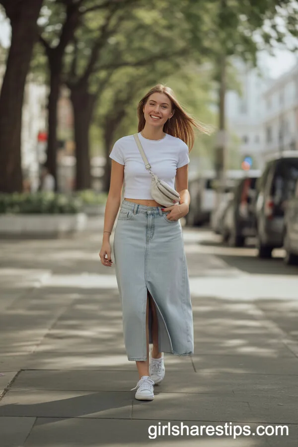 Classic Casual: Light Jean Skirt with White Tee and Sneakers