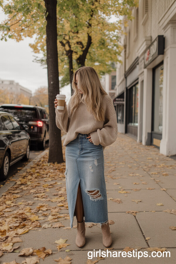 Cozy Autumn: Distressed Jean Skirt and Chunky Knit Sweater