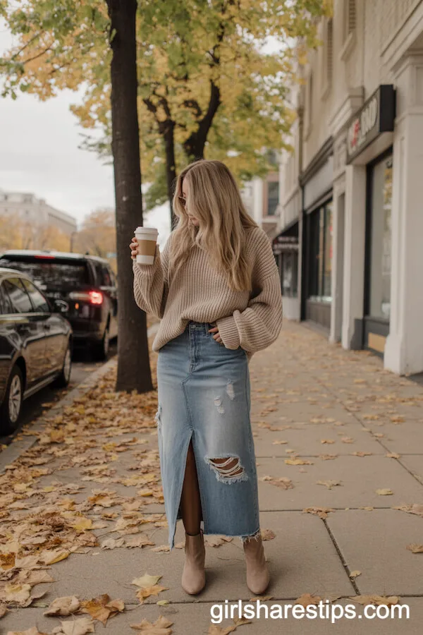 Cozy Autumn: Distressed Jean Skirt and Chunky Knit Sweater