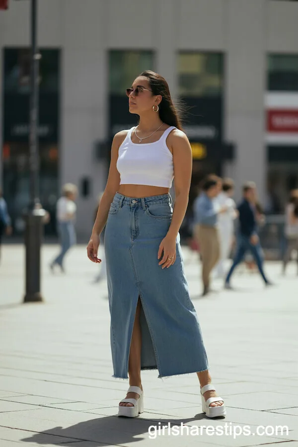 Trendy Confidence: Raw-Hem Jean Skirt with Cropped Tank