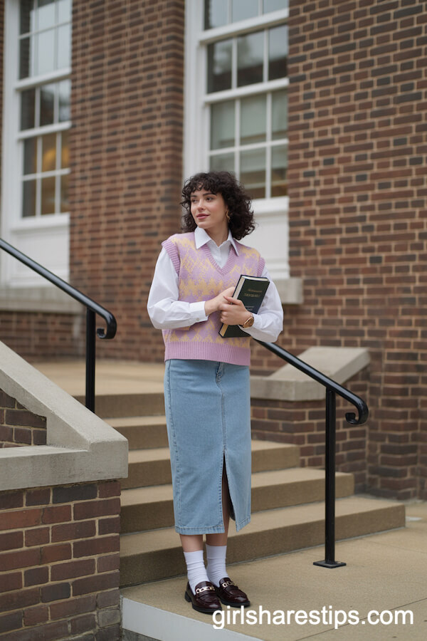 Preppy Layers: Fitted Jean Skirt with Sweater Vest