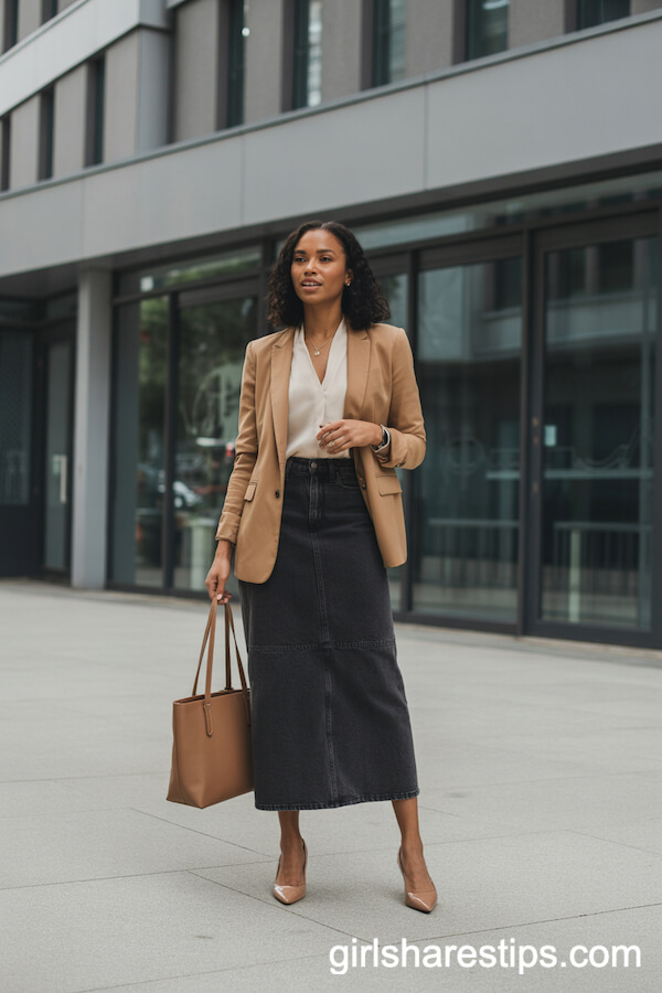 Workday Polish: Long Dark Denim Skirt and Tailored Blazer