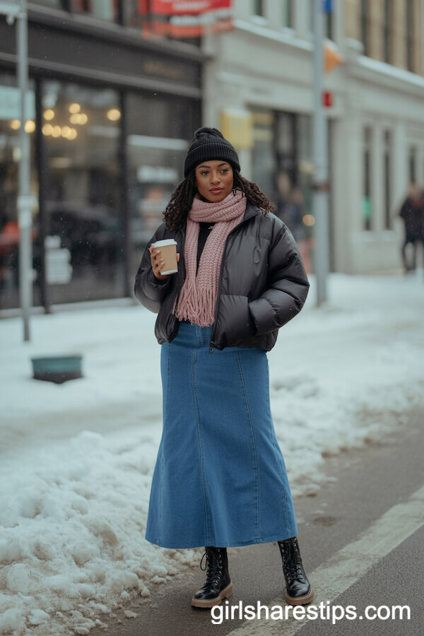 Winter Warmth: Denim Skirt with Puffer Jacket and Scarf