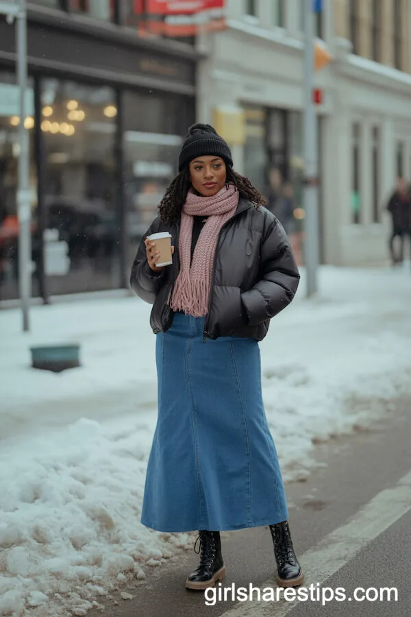 Winter Warmth: Denim Skirt with Puffer Jacket and Scarf
