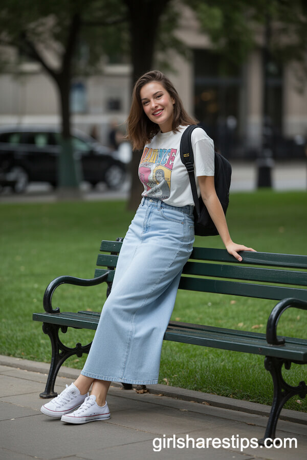 Playful Retro: High-Waisted Jean Skirt and Graphic Tee
