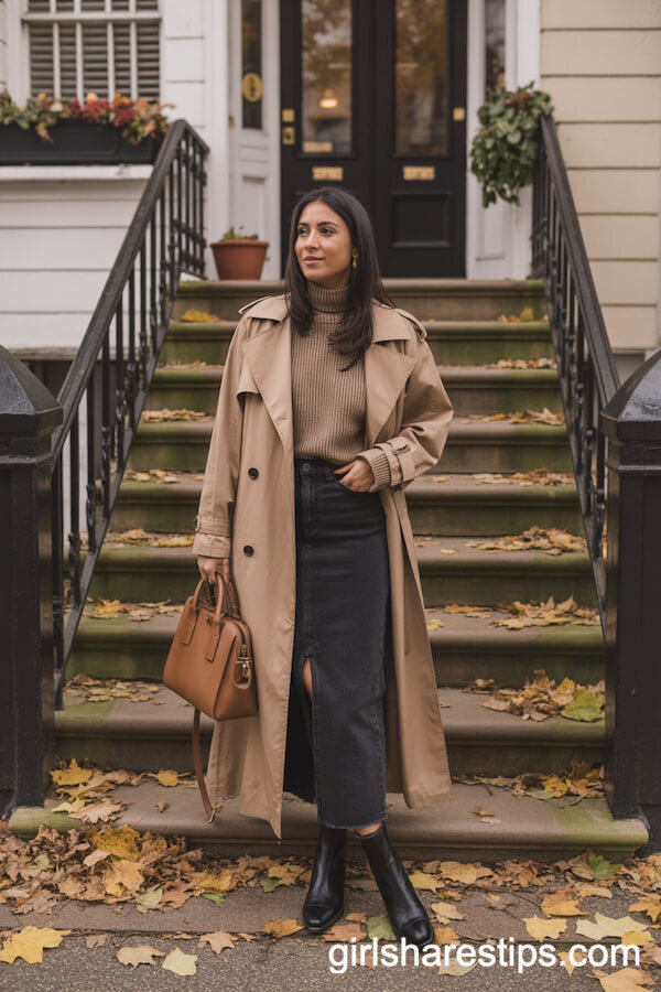 Autumn Elegance: Dark Jean Skirt and Trench Coat