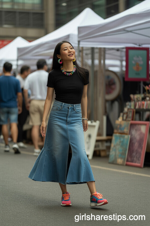 Art Market Fun: Flared Jean Skirt and Chunky Accessories