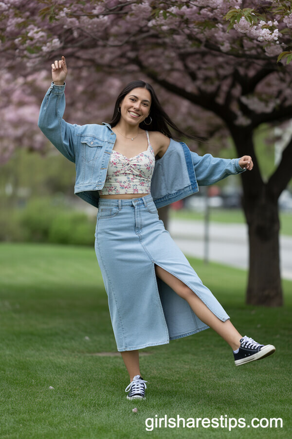 Spring Cheer: Light Jean Skirt with Floral Top and Denim Jacket