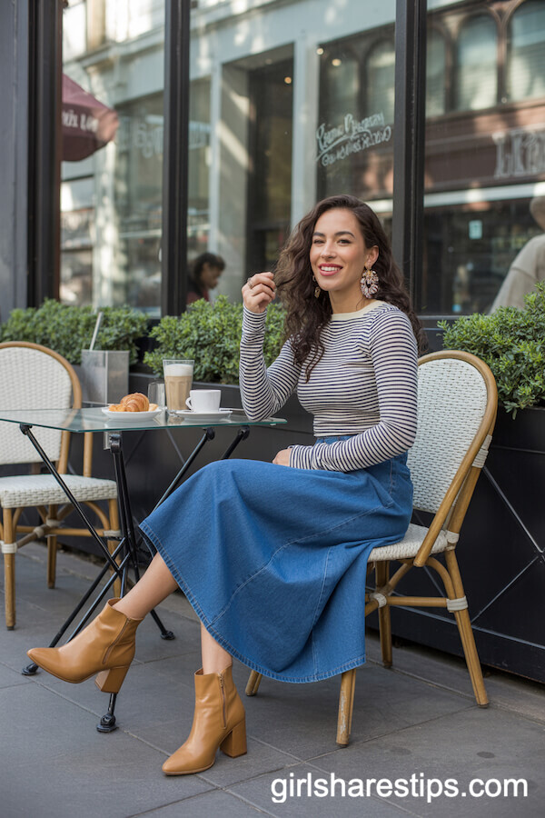 Brunch Ready: Midi Jean Skirt and Striped Fitted Sweater