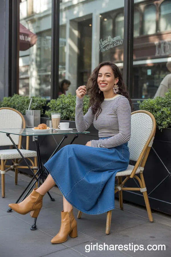 Brunch Ready: Midi Jean Skirt and Striped Fitted Sweater