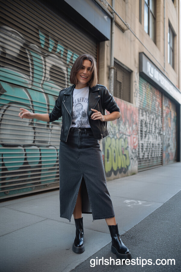 Edgy City Style: Dark Jean Skirt with Moto Jacket and Boots